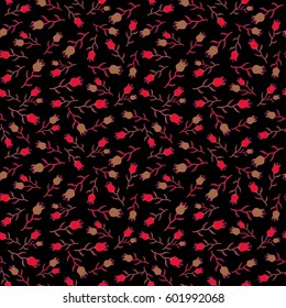 Seamless color background in pink and red colors. Vector seamless pattern with small flower blossoms on a black background. Hand drawn vector illustration.