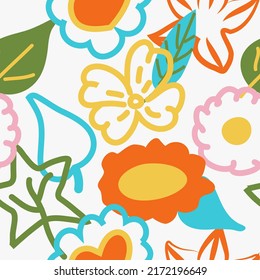 Seamless color bright pattern of leaves and flowers. Contour and filled elements. Children's drawing, doodle style. Vector illustration