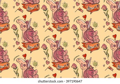 A seamless  color bright unicorn pattern with hearts and flowers on orange background.