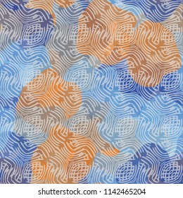 Seamless color camouflage made of amorphous spots.
The painting is covered with a network consisting of abstract figures that are drawn with bent lines.
