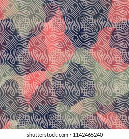Seamless color camouflage made of amorphous spots.
The painting is covered with a network consisting of abstract figures that are drawn with bent lines.