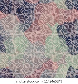Seamless color camouflage made of amorphous spots.
The painting is covered with a network consisting of abstract figures that are drawn with bent lines.