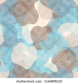 Seamless color camouflage made of amorphous spots.
The picture is parquet-like.