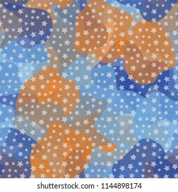Seamless color camouflage made of amorphous spots.
Five-pointed stars are scattered around the picture.