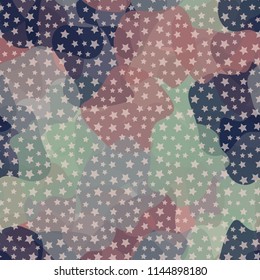 Seamless color camouflage made of amorphous spots.
Five-pointed stars are scattered around the picture.