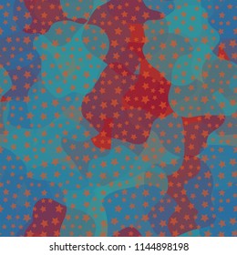 Seamless color camouflage made of amorphous spots.
Five-pointed stars are scattered around the picture.