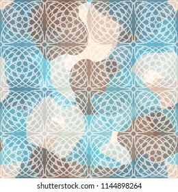 Seamless color camouflage made of amorphous spots.
The painting is covered with a network consisting of arc-shaped lines, which are assembled into squares.