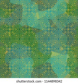 Seamless color camouflage made of amorphous spots.
The painting is covered with a network consisting of abstract flowers and squares.
