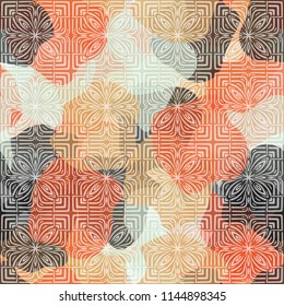 Seamless color camouflage made of amorphous spots.
The painting is covered with a network consisting of abstract flowers and squares.
