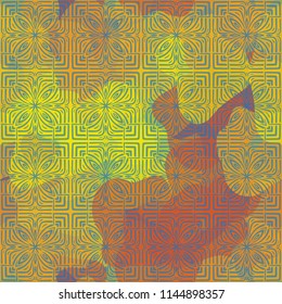 Seamless color camouflage made of amorphous spots.
The painting is covered with a network consisting of abstract flowers and squares.