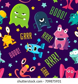 Seamless color children pattern with cute monsters. Background vector illustration