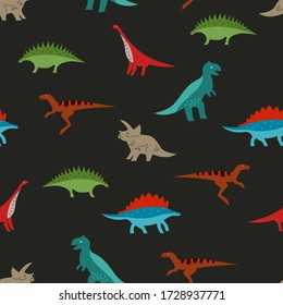 Seamless color Dino pattern for t-shirt print. Repeat black background of fun hand drawn dinosaurs for textiles, fabric or kids wrapping paper