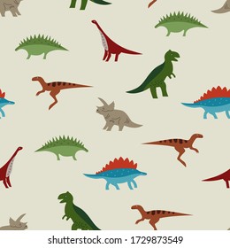 Seamless color Dino pattern for t-shirt print. Repeat retro background of fun hand drawn dinosaurs for textiles, fabric or kids wrapping paper