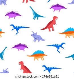 Seamless color Dino pattern for t-shirt print. Repeat white background of fun hand drawn dinosaurs for textiles, fabric or kids wrapping paper