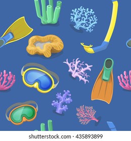 seamless color diving pattern with mask, tube, corals and flippers