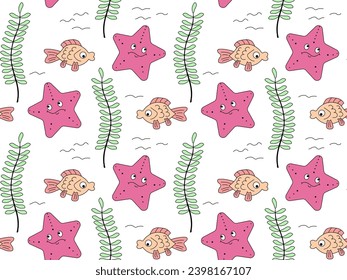 Seamless color doodle pattern underwater world, children's, starfish,algae and fish