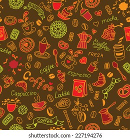 Seamless color doodles background with coffee and bakery products. 