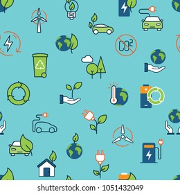 Seamless color ecology icons pattern on blue background
