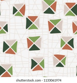 Seamless color editable pattern. Careless squares divided by diagonals are located on the background of the network of clear squares broken into fragments.