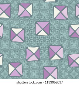 Seamless color editable pattern. Careless squares divided by diagonals are located on the background of openwork squares.