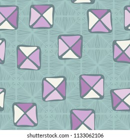 Seamless color editable pattern. Careless squares divided by diagonals are located on the background of large diamonds with a fibrous structure.