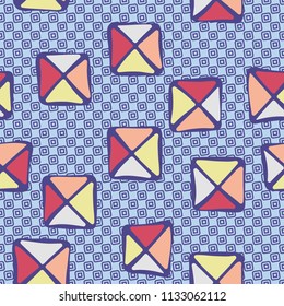 Seamless color editable pattern. Careless squares divided by diagonals are located on the background of rows of small inclined squares.