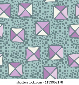 Seamless color editable pattern. Careless squares divided by diagonals are located on a background of scattered rounded squares of different sizes.