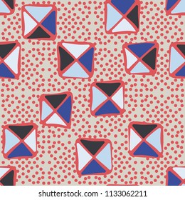 Seamless color editable pattern. Careless squares divided by diagonals are located against a background of placer identical small round spots.
