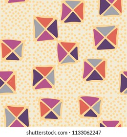 Seamless color editable pattern. Careless squares divided by diagonals are located against a background of placer identical small round spots.