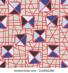 Seamless color editable pattern. Careless squares divided by diagonals are located on the background of the network of clear squares broken into fragments.