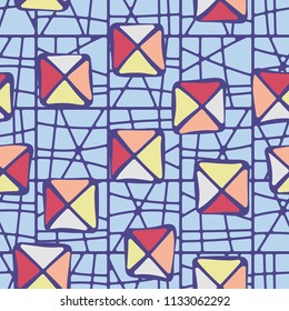 Seamless color editable pattern. Careless squares divided by diagonals are located on the background of the network of clear squares broken into fragments.
