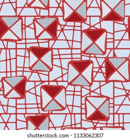 Seamless color editable pattern. Careless squares divided by diagonals are located on the background of the network of clear squares broken into fragments.