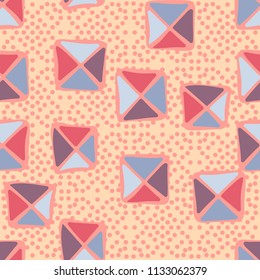 Seamless color editable pattern. Careless squares divided by diagonals are located against a background of placer identical small round spots.