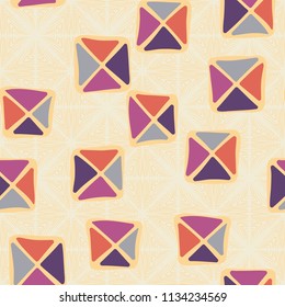 Seamless color editable pattern. Careless squares divided by diagonals are located on the background of large squares drawn with curved lines.