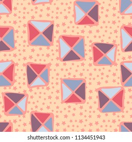 Seamless color editable pattern. Careless squares divided by diagonals are located on a background of placers of five-pointed stars of different sizes.