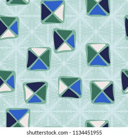 Seamless color editable pattern. Careless squares divided by diagonals are located on the background of large squares drawn with curved lines.