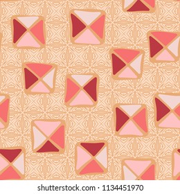 Seamless color editable pattern. Careless squares divided by diagonals are located on the background of openwork squares.