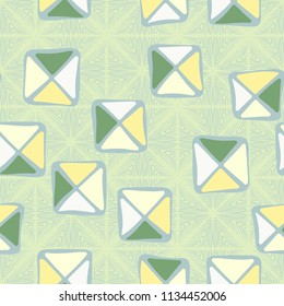 Seamless color editable pattern. Careless squares divided by diagonals are located on the background of large squares drawn with curved lines.