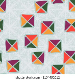 Seamless color editable pattern. Careless squares divided by diagonals are located on the background of large squares drawn with curved lines.