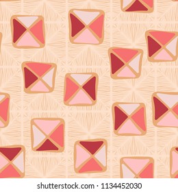 Seamless color editable pattern. Careless squares divided by diagonals are located on the background of large diamonds with a fibrous structure.