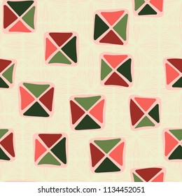 Seamless color editable pattern. Careless squares divided by diagonals are located on the background of large diamonds with a fibrous structure.