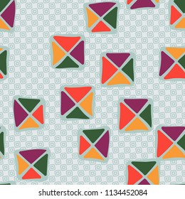 Seamless color editable pattern. Careless squares divided by diagonals are located on the background of rows of small inclined squares.
