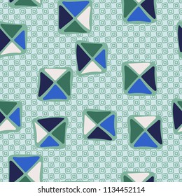 Seamless color editable pattern. Careless squares divided by diagonals are located on the background of rows of small inclined squares.