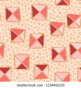 Seamless color editable pattern. Careless squares divided by diagonals are located against a background of scattered contour seven-pointed stars of different sizes.