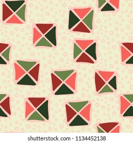 Seamless color editable pattern. Careless squares divided by diagonals are located against a background of scattered contour seven-pointed stars of different sizes.