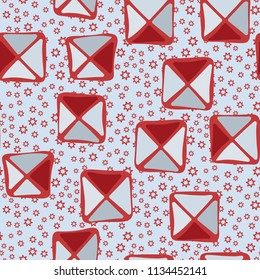 Seamless color editable pattern. Careless squares divided by diagonals are located against a background of scattered contour seven-pointed stars of different sizes.