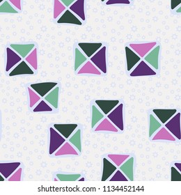 Seamless color editable pattern. Careless squares divided by diagonals are located against a background of scattered contour seven-pointed stars of different sizes.