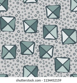 Seamless color editable pattern. Careless squares divided by diagonals are located against a background of scattered contour seven-pointed stars of different sizes.