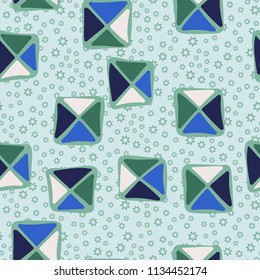 Seamless color editable pattern. Careless squares divided by diagonals are located against a background of scattered contour seven-pointed stars of different sizes.