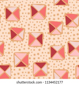 Seamless color editable pattern. Careless squares divided by diagonals are located on a background of placers of five-pointed stars of different sizes.